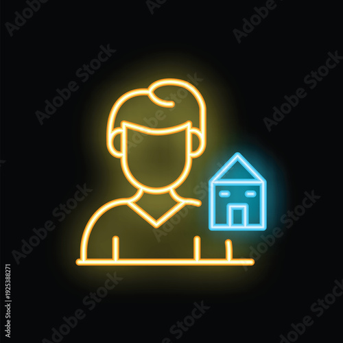 Neon glowing icon of a man choosing a house for rent or purchase