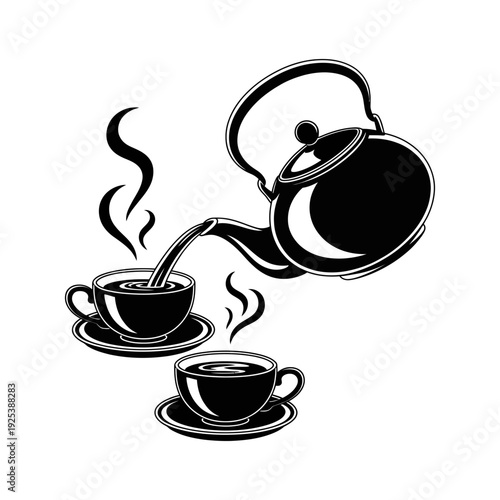 Pouring Teapot And Cups Silhouette Illustration