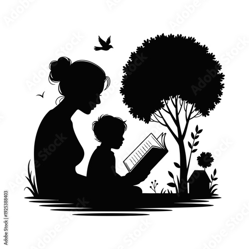 Mother And Child Reading Book Under Tree Silhouette Illustration