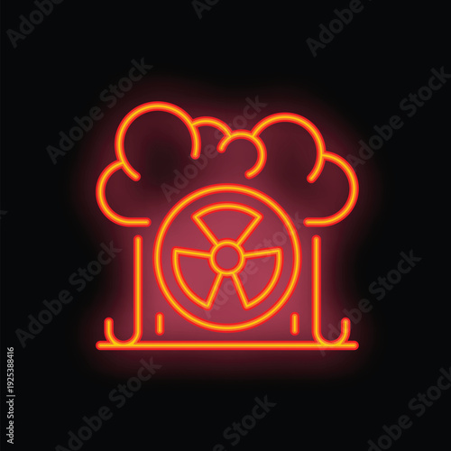 Glowing neon style icon of a nuclear explosion with mushroom cloud, for themes of war and danger