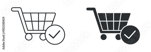Order confirmation icon set, approved shopping cart symbol, e-commerce purchase check sign, online store vector illustration