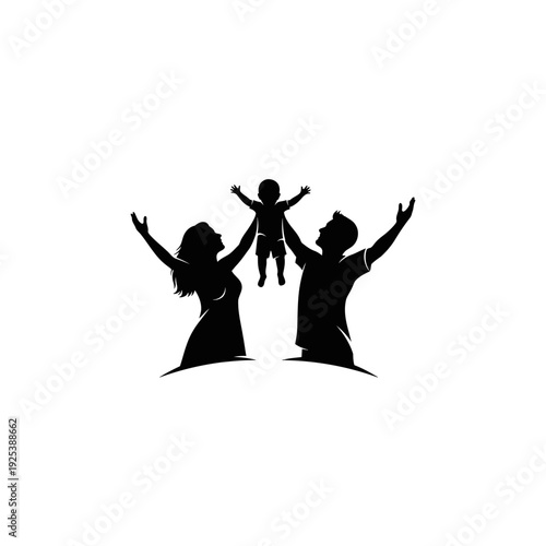 Happy family silhouette with parents and child celebrating togetherness and love.