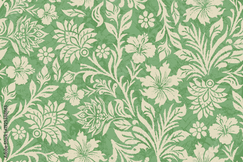 Tropical Floral Seamless Pattern with Vintage Texture.Botanical Garden Repeat Design. Hand Drawn Exotic Floral Textile Pattern. Green Botanical Fabric Print.Decorative Island Floral Seamless Wallpaper