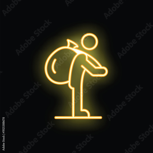 Yellow neon sign of a traveler carrying a heavy bag on his back, symbolizing the challenges and burdens of life's journey