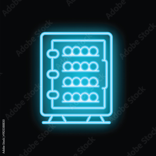 Glowing blue neon safe deposit box icon with shelves full of money on black background