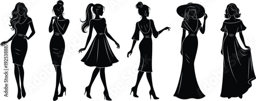 Elegant Women in Evening Dress Silhouette Collection Fashion Female Model Poses for Boutique Logo Glamour Event and Luxury Branding Design.