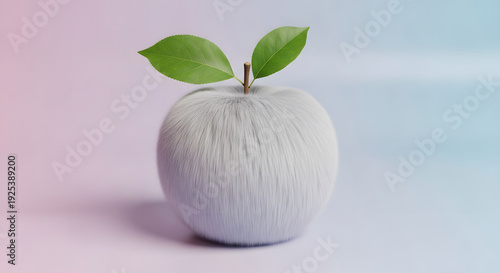 White apple with green leaves on pastel colored background in a creative concept