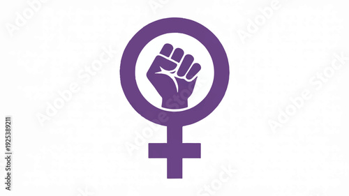 Purple female symbol with raised fist inside circle