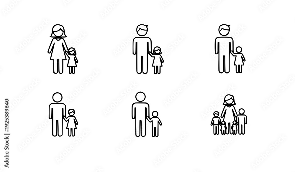 Fototapeta premium Minimal family outline icon collection parent child people line vector illustration