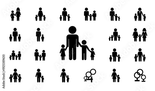 Family icon set parent and child silhouettes black and white people symbol vector illustration