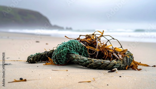 Abandoned Weathered Fishing Net Entangled with Seaweed on a Desolate Beach, High-Resolution Photographic Style