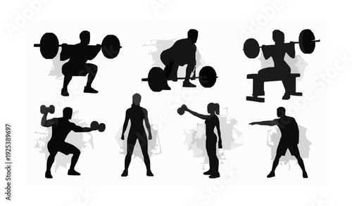 Gym Workout Silhouette Collection – Strong Man and Woman Fitness Training Illustration