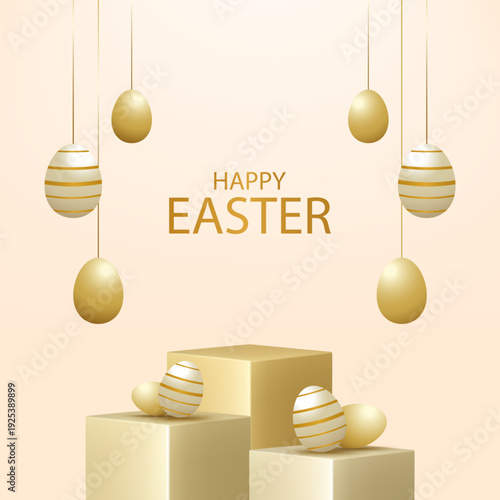 3D vector illustration of gold square podium product display with hanging golden Easter eggs and text. Concept for Happy Easter holiday celebration and luxury sale promotion banner background template