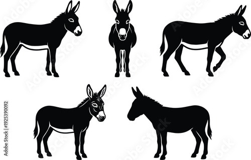 Donkey silhouette collection with multiple poses farm mule burro black isolated vector illustration set for agriculture design
