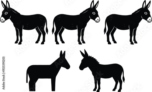 Donkey silhouette variations set black farm animal mule burro isolated vector illustration collection for rural agriculture design