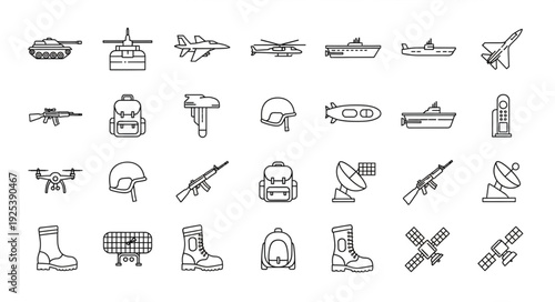 Collection of military equipment and symbols in sketch style.