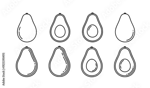 A minimalist vector illustration of eight avocados in various stages of being peeled and halved on a white background