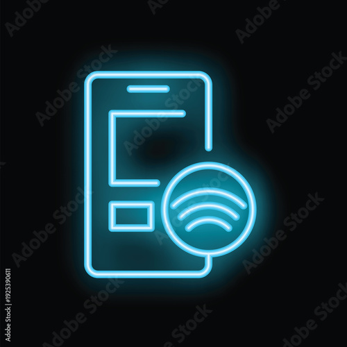 Neon blue icon of a smartphone emitting a wifi signal, set against a black background