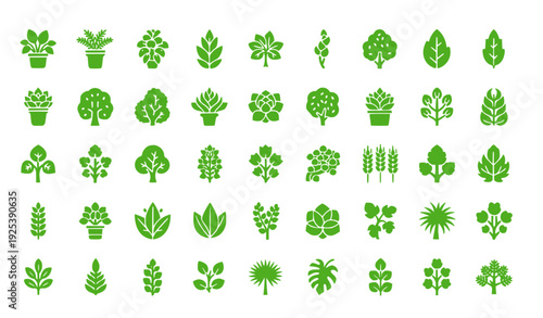 A collection of green plant icons in various shapes and sizes on a white background