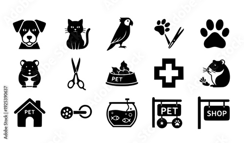 A collection of black and white vector icons representing various pet-related symbols and objects