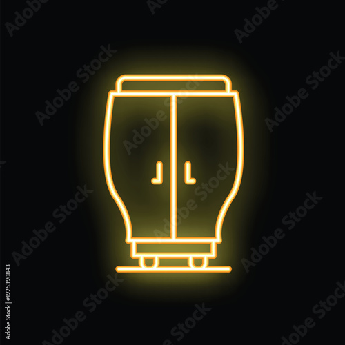 Bright yellow neon train icon is glowing on a dark background