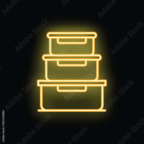 Yellow neon icon of lunch boxes glowing on dark background