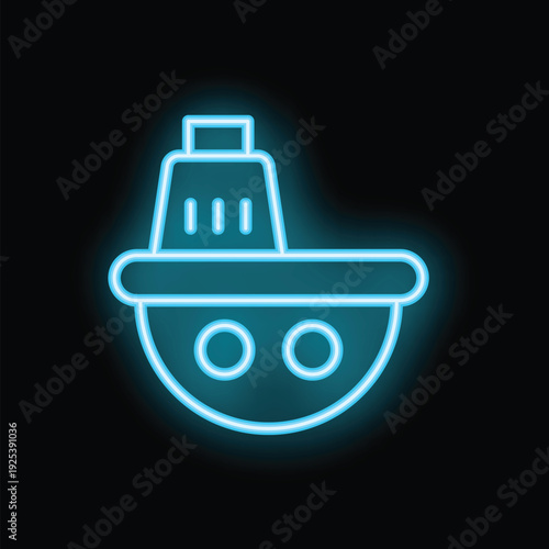 Blue neon sign representing a ship sailing at night, a perfect design element for topics like the navy or maritime transport