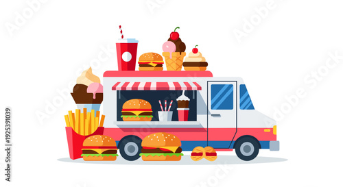 Fast Food Truck with Burgers Fries Ice Cream  Drinks.