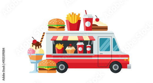 Food Truck with Burgers Fries Ice Cream and Cake - Fast Food Service.