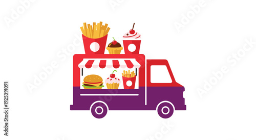 Food Truck with Burgers Fries Cupcakes  Drinks - Fast Food Service.