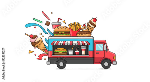Food Truck Fast Food Burgers Fries Ice Cream Drinks Cartoon Style.