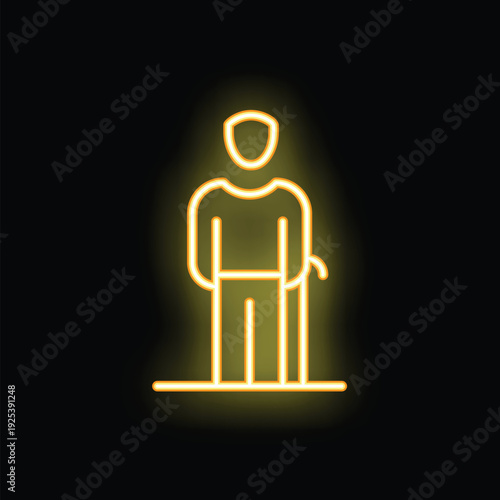 Bright neon sign depicting an elderly person standing with a cane