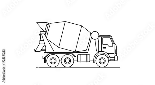 Concrete Mixer Truck Line Art Construction Vehicle Side View.