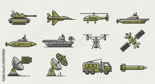 Collection of military vehicles and equipment icons.