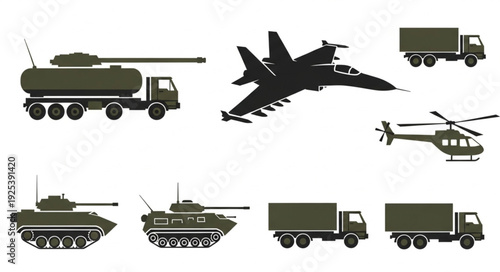 Collection of military vehicles and aircraft silhouettes.