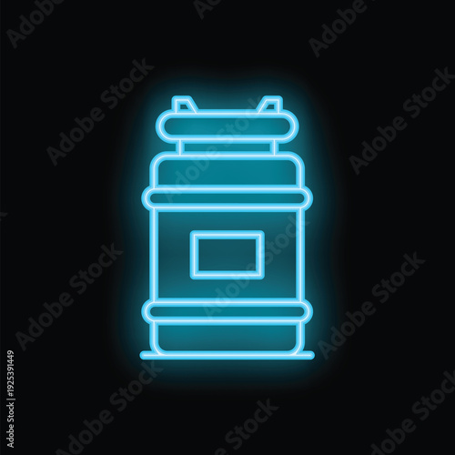 Blue neon icon of a water cooler glowing on a black background