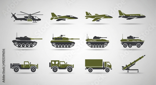Collection of Military Vehicles and Aircraft Icons.