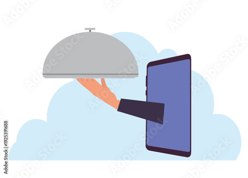 Hand of waiter with dish appeared from smartphone. Restaurant food delivery concept