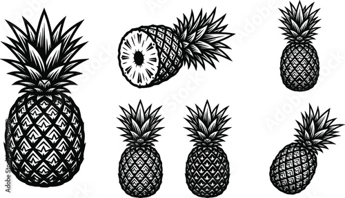 Pineapple engraving style collection whole and sliced tropical fruit black and white vintage vector illustration set