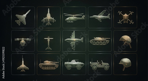 Collection of military vehicles and aircraft displayed digitally.