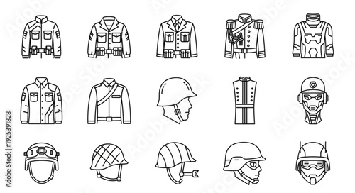 Collection of Military Uniforms and Helmets Hand Drawn Sketch.