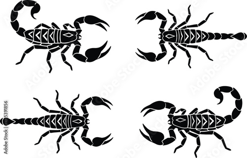Scorpion silhouette set black poisonous arachnid top view detailed vector illustration collection isolated on white background