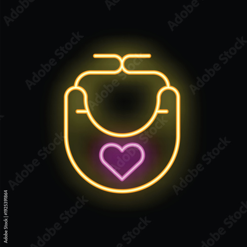 Neon glowing icon of a baby bib with a heart, perfect for decorating a nursery or child related business