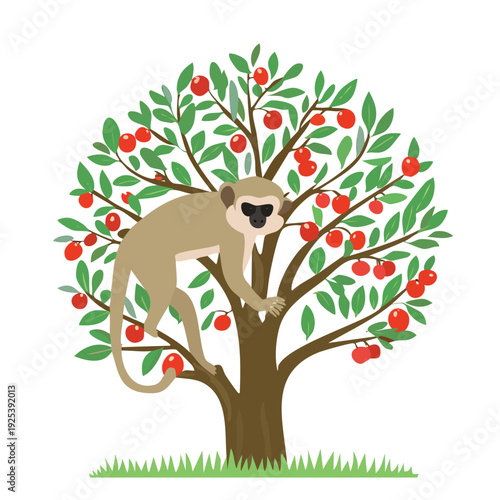 Cartoon monkey in a fruit tree against white background