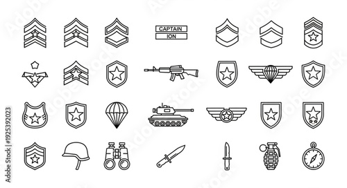 Collection of military icons and symbols hand drawn sketch style.
