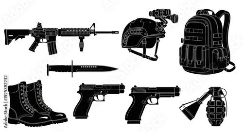 Collection of military equipment and weapons on a white background.