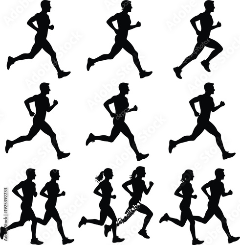 Collection of running silhouettes set featuring male and female athletes in side view isolated on white background, dynamic jogger and sprinter poses vector style