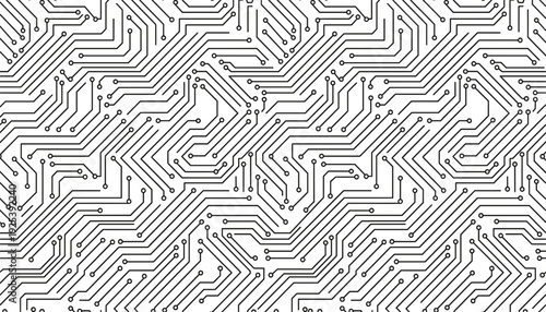 Seamless black and white circuit board pattern background with abstract technology lines futuristic digital network texture vector illustration