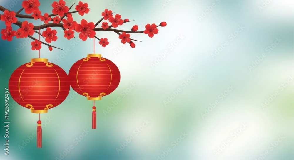 Fototapeta premium A pair of red chinese lanterns hanging from a tree illustration