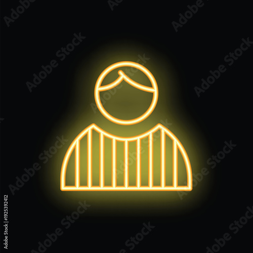 Yellow neon glowing symbol of a referee wearing a striped uniform on a black background